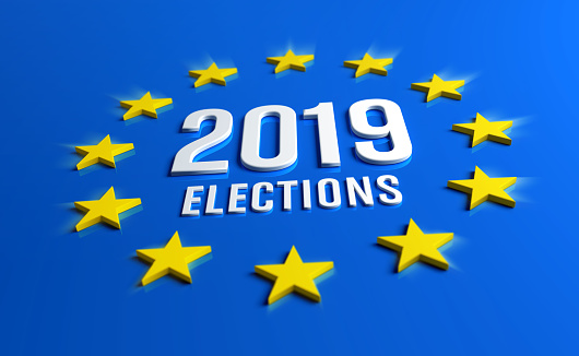 Year 2019 date number inside yellow stars of Europe Flag. European elections. 3D illustration.
