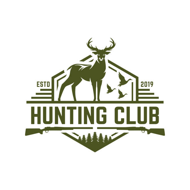 illustrazioni stock, clip art, cartoni animati e icone di tendenza di distintivo da caccia di cervi o anatre, emblema di caccia per club di caccia e sport - hunter