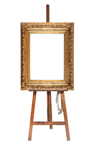 maler staffelei und leere antik goldrahmen - canvas artists canvas white frame stock-fotos und bilder