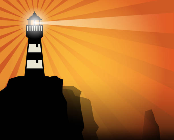ilustrações de stock, clip art, desenhos animados e ícones de old lighthouse stands on rocks - direction sea lighthouse landscape