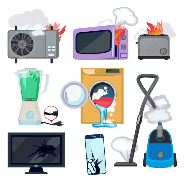 Vector illustration of Damaged appliance. Broken household equipment fire stove microwave washing machine repair laptop computer vector