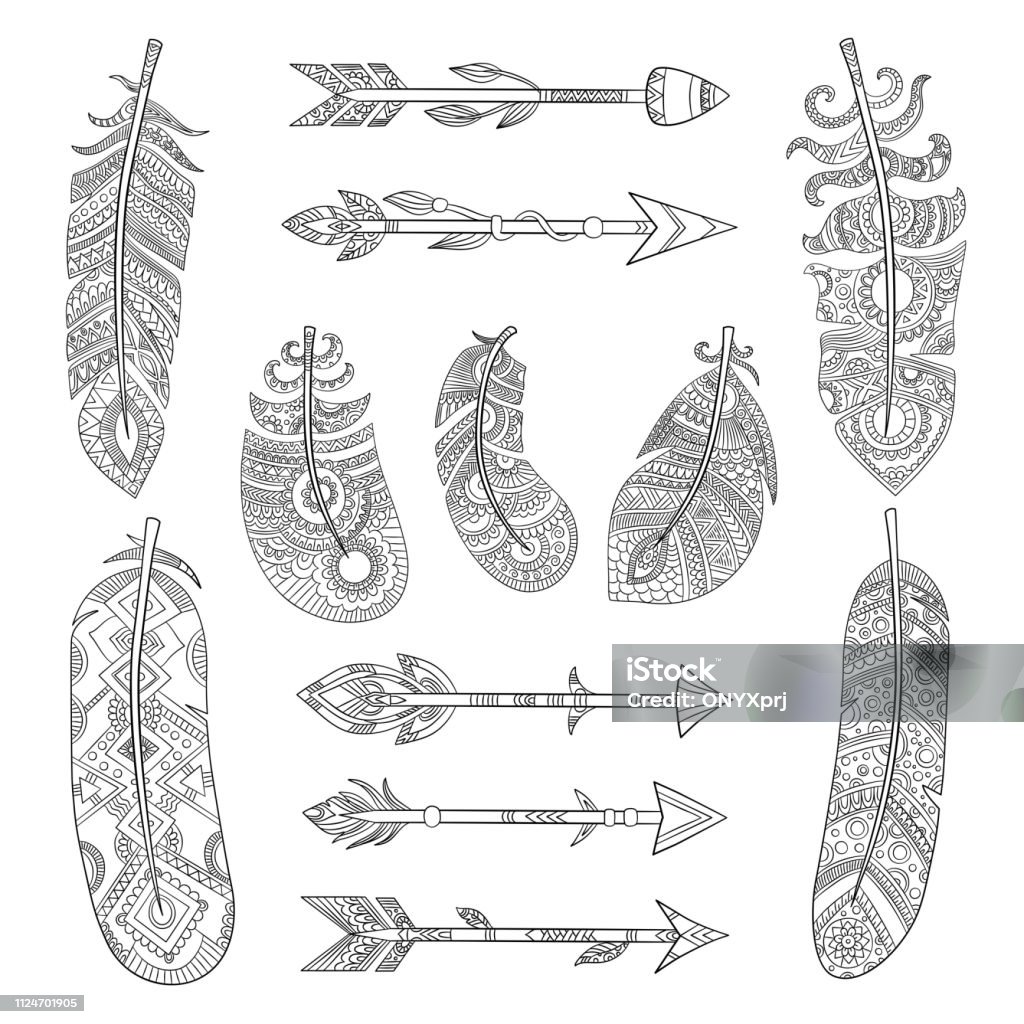 Tribal feathers and arrows. Aztec indian fashion elements with traditional pattern vector pictures collection Tribal feathers and arrows. Aztec indian fashion elements with traditional pattern vector pictures collection. Illustration of arrow and traditional freehand feather Feather stock vector