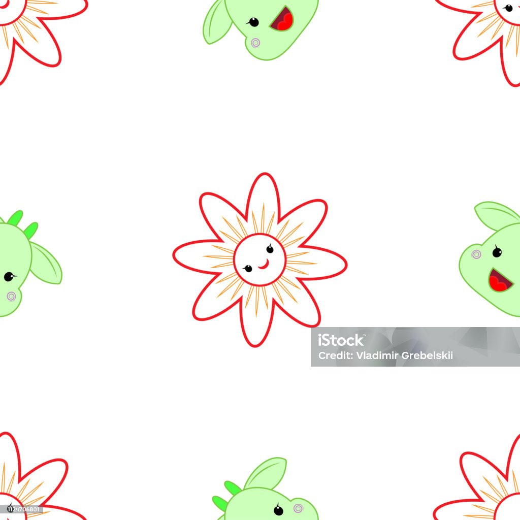 Pattern. Merry muzzle and flowers in the style of Kawai. Pattern. Merry muzzle and flowers in the style of Kawai. The muzzle is pale green. The contours of the flowers are pink. Vector image. Abstract stock vector