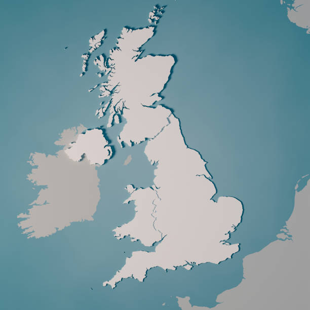 Intricate embroidered map of United Kingdom. Colorful threads highlight the boundaries country and the word United Kingdom on a fabric background.