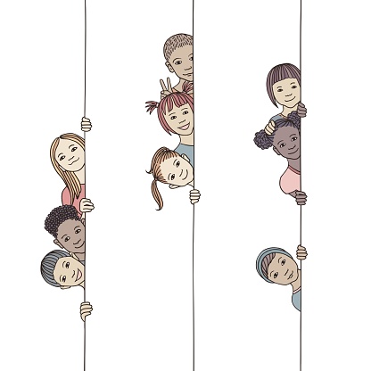 Hand drawn illustration of young and diverse children looking around the corner