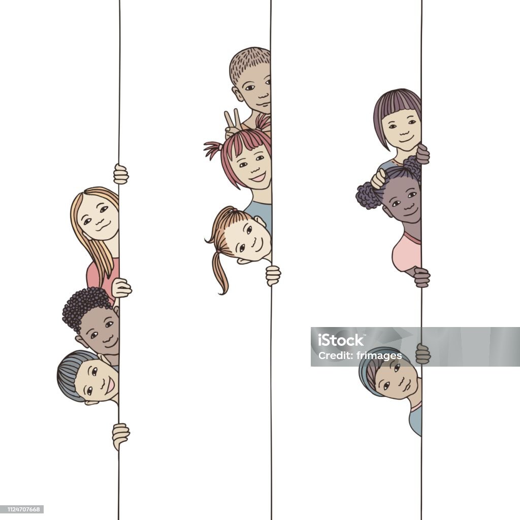 Kids looking around the corner Hand drawn illustration of young and diverse children looking around the corner Child stock vector