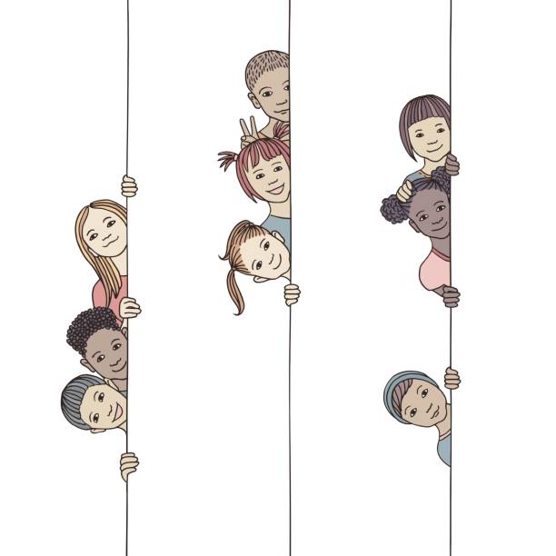 Kids looking around the corner Hand drawn illustration of young and diverse children looking around the corner friends laughing stock illustrations