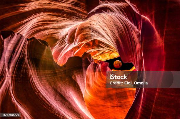 Red Supermoon Eclipse In Upper Antelope Canyon Stock Photo - Download Image Now - Antelope Canyon, Moon Surface, Night