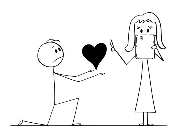 Cartoon Of Man On Knees Giving Heart To His Woman Of Love But She Is  Working On Tablet Instead Stock Illustration - Download Image Now - iStock