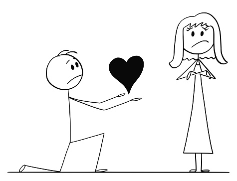Cartoon stick drawing conceptual illustration of man kneeling and giving big heart to his beloved woman of love, but she rejects his proposal.