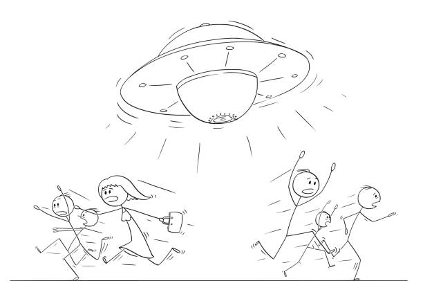 ilustrações, clipart, desenhos animados e ícones de desenho de cartoon da multidão de pessoas correndo em pânico longe ufo ou nave alienígena - men empty human hand crowd