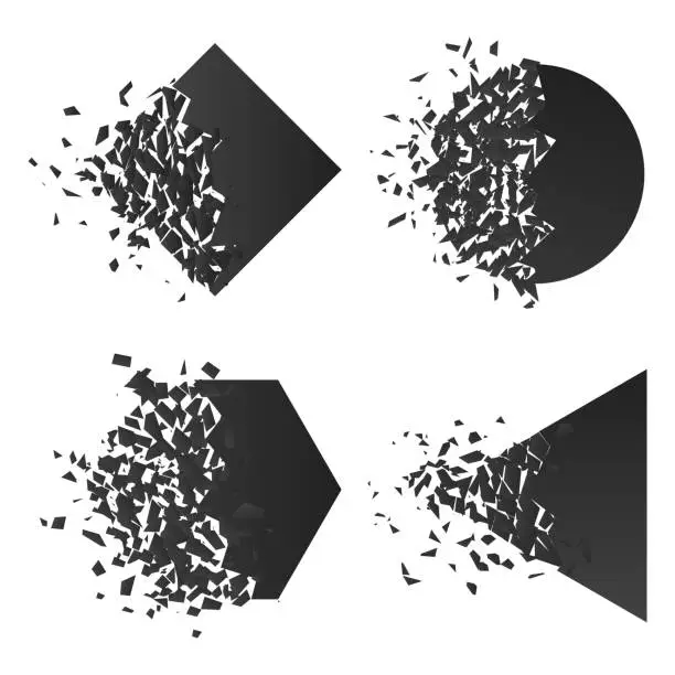 Vector illustration of Shape explodes gradient flat style design vector illustration set isolated on white background. Square rhombus, circle, hexagon, triangle shapes in grayscale gradient exploding.