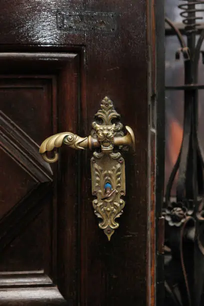 Photo of Door handle in the form of animal head on the 18th century building.