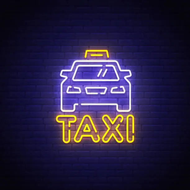 Vector illustration of Taxi neon sign, bright signboard, light banner. Taxi logo neon, emblem. Vector illustration