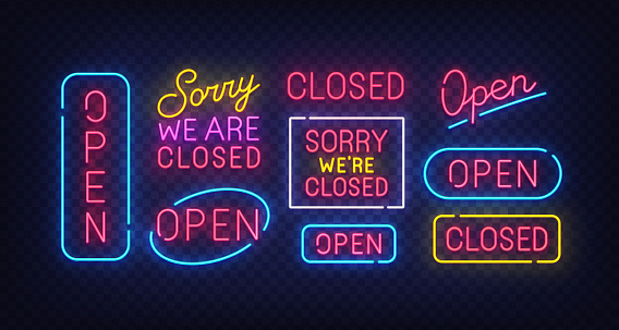 Closed neon sign. Open neon sign. Isolated signs. Label, emblem. Bright signboard, light banner. Vector illustration.
