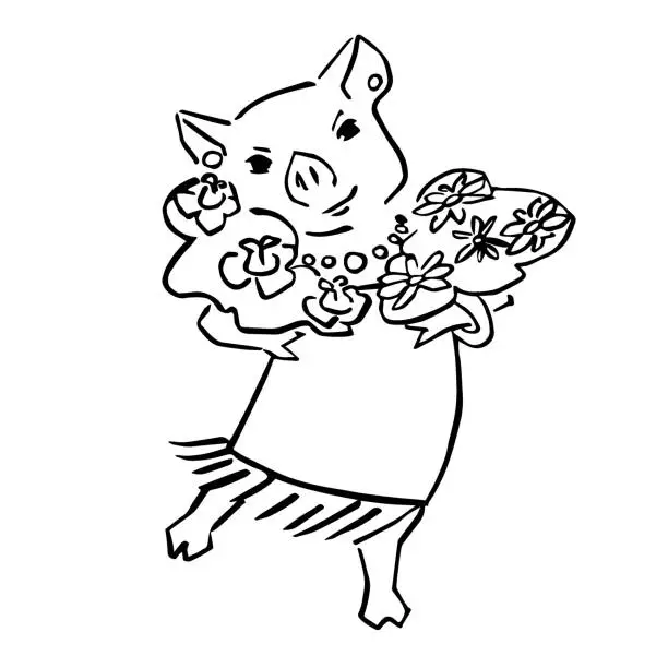 Vector illustration of happy cute vector pig cartoon with bouquet