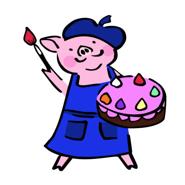 Vector illustration of cute costumed vector painter pig with brush and cake