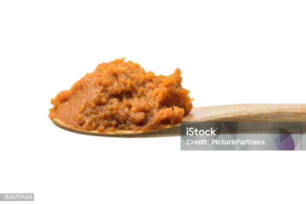 Wooden Spoon With Japanese Miso Stock Photo - Download Image Now - Miso Sauce, Cut Out, White Background