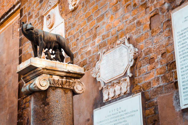 estatua de la loba capitolina con rómulo y remo, símbolo de la ciudad de roma en una columna en la piazza del campidoglio - roman mythology fotos fotografías e imágenes de stock