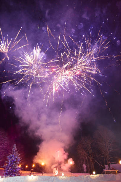 istock Winter landscape with fireworks 1124723750