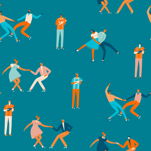 ilustraciones, imágenes clip art, dibujos animados e iconos de stock de parejas baila la gente de patrones sin fisuras en el vector. ilustración de personajes de dibujos animados - lindy hop