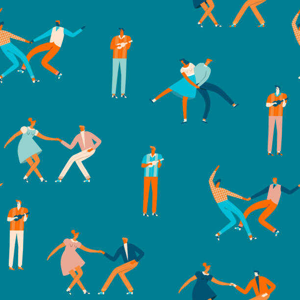 Dancing couples people seamless pattern in vector. Cartoon characters illustration Dancing couples in 50s retro style seamless pattern in vector. Cartoon characters illustration. swing dancing stock illustrations