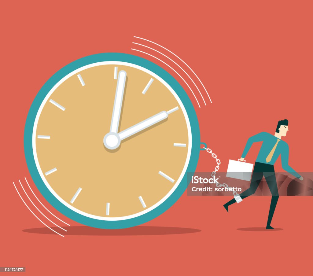 Stress and time pressure Stress and time pressure, deadline, overtime concept, businessman running with a big clock Urgency stock vector