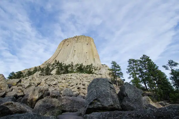 Wide angle view of Devils Tower National Monument in Wyoming