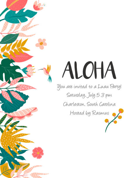 Bright invitation with flowers and palm leaves. Party invitation template, greeting card, banner Bright invitation with flowers and palm leaves. Party invitation template, greeting card, banner. banana borders stock illustrations