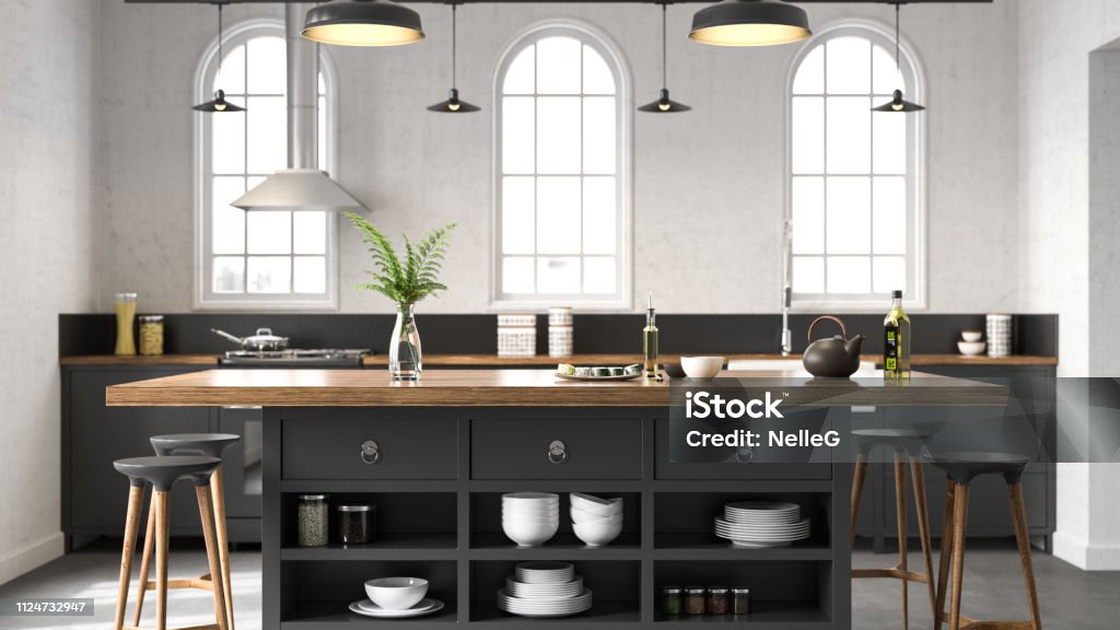 Black industrial kitchen Black industrial kitchen. Render image. Kitchen Stock Photo