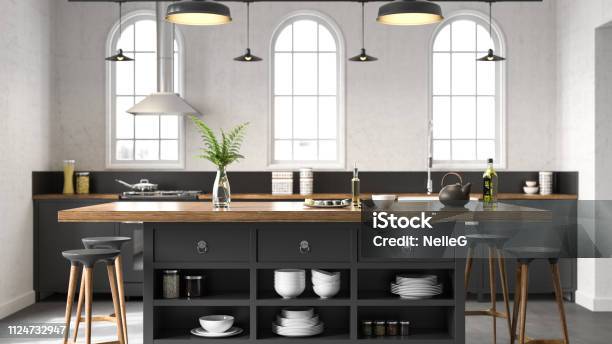 Black Industrial Kitchen Stock Photo - Download Image Now - Kitchen, Modern, Home Showcase Interior