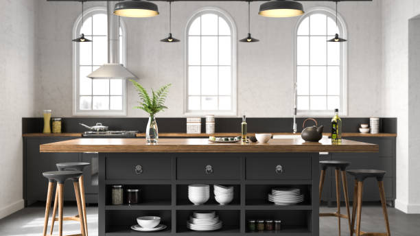 black industrial kitchen - showcase interior imagens e fotografias de stock