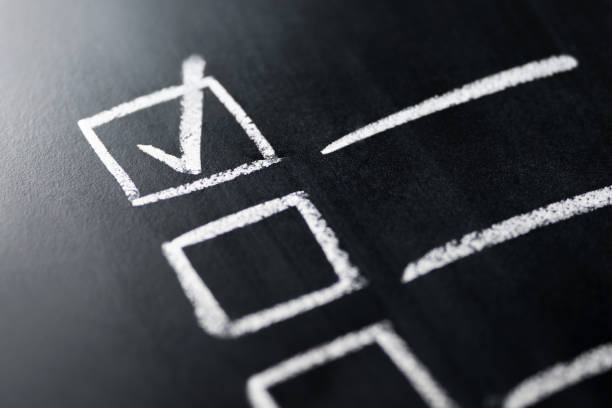 istock Check list on blackboard macro close up. Document of finished work duties and responsibilities. Agenda and progress in business. Checklist, keeping score of obligations or completed tasks. 1124733034