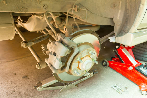 istock Car disc brake showing rotor and brake caliper without shock absorber, Car service. 1124733565