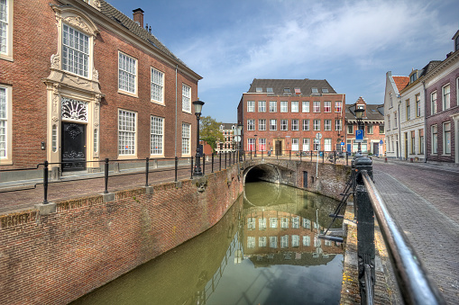 Quiet canal with historical houses in Utrecht, Holland