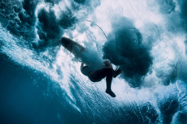 istock Surfer woman with surfboard with under ocean wave. Underwater 1124735061