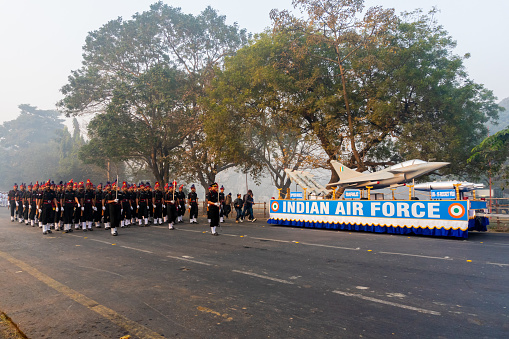 RED ROAD, KOLKATA, WEST BENGAL / INDIA - 21ST JANUARY 2018 : Indian air force displaying chinook helicopter and UB 32 A rocket pod at march past. March past for showing off military strength,