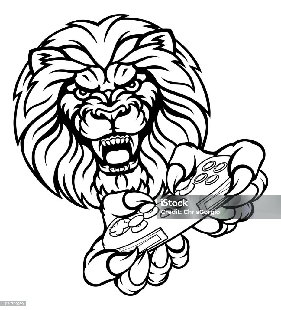 Lion Gamer Mascot A lion video game player online gamer animal mascot holding a controller Anger stock vector