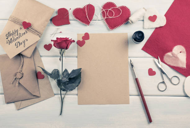 istock Workspace with tools for handmade and sewing felt hearts for Valentine's Day 1124740765