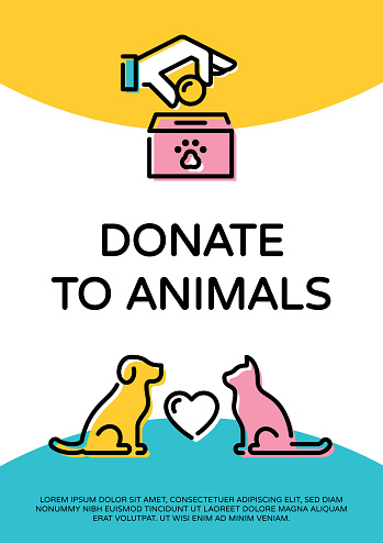 Vector Donate To Animals design poster with cat, dog and heart. Pet donation banner design template. Helping hand with money and paw illustration for volunteer organization, center, fundraising event