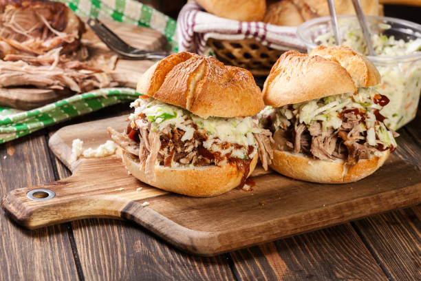 Homemade pulled pork burger with coleslaw salad stock photo