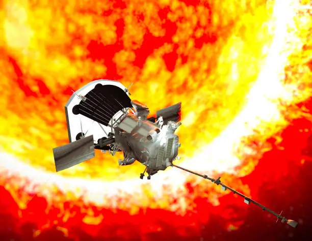 Parker Solar Probe traveling to the sun. The purpose of the probe is to carefully analyze the Sun and its solar wind. Elements of this image are furnished by NASA. 3d rendering