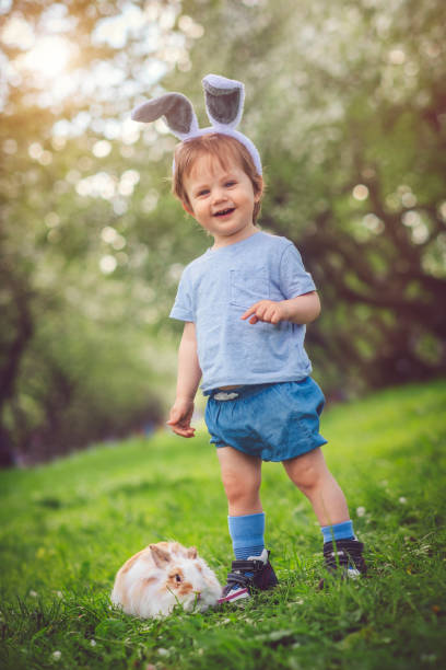 симпатичный маленький мальчик, играющий с кроликом на охоту пасхальное яйцо - rabbit child pets little boys стоковые фото и изображения
