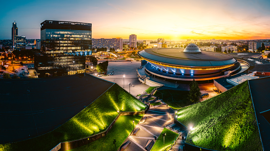 KATOWICE, POLAND - SEPTEMBER 12, 2018: The modern city center of Katowice with green roof of International Congress Centre and the famous Spodek sports hall