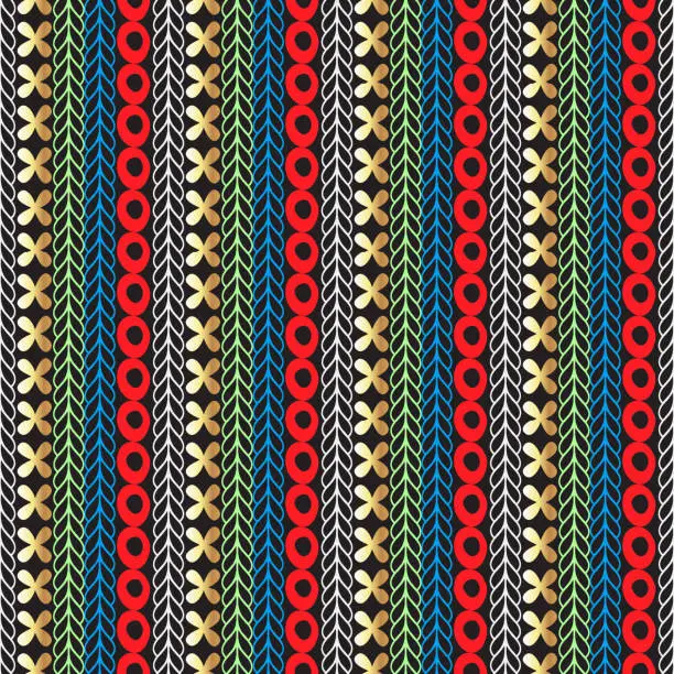 Vector illustration of Colorful seamless borders pattern. Vector ornamental tribal striped background. Ethnic style ornament with braided lines, shapes, circles, flowers. Repeat patterned border backdrop. Decorative design