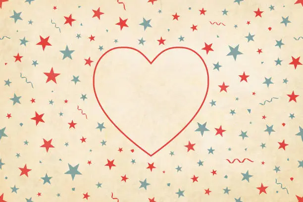 Vector illustration of Vector Illustration of a big heart in red color outline in the middle of a semi seamless background (design only, not grunge) in Vintage colors, beige, pale blue and red party and celebration elements like swirls, stars, dots on a pale grunge beige backgr