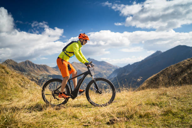 jeden rowerzysta górski wysoko w alpach europejskich - mountain freedom european alps austria zdjęcia i obrazy z banku zdjęć