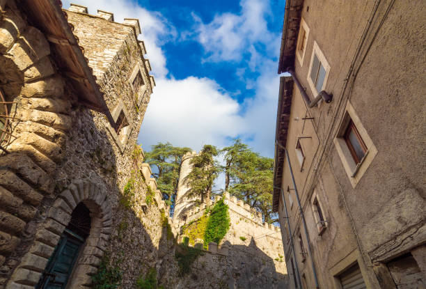 Orvinio, Italy - 8 December 2018 - A small and charming medieval town of only 387 inhabitants, inserted in the club of most beautiful villages in Italy; province of Rieti. Here the historical center with the old walled palace in stone
