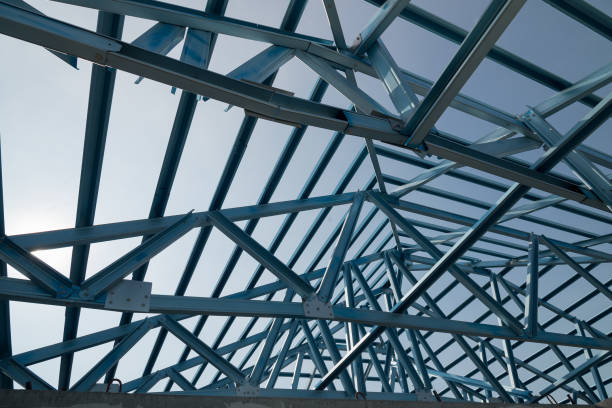 istock Structure of steel roof frame for building construction. 1124753606