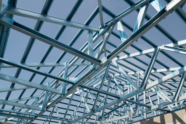 istock Structure of steel roof frame for building construction. 1124753609